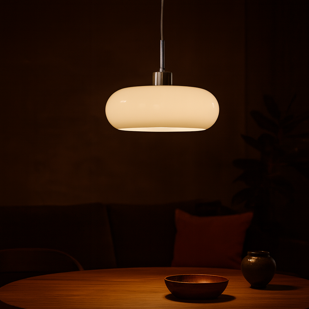 Dimbare glazen hanglamp in broodvorm – moderne verlichting in oranje en wit voor woonkamer, eetkamer en kantoor