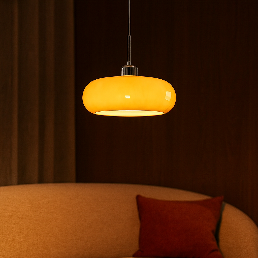 Dimbare glazen hanglamp in broodvorm – moderne verlichting in oranje en wit voor woonkamer, eetkamer en kantoor