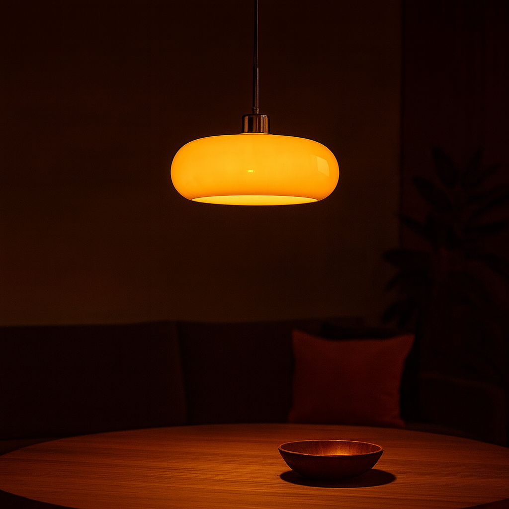 Dimbare glazen hanglamp in broodvorm – moderne verlichting in oranje en wit voor woonkamer, eetkamer en kantoor