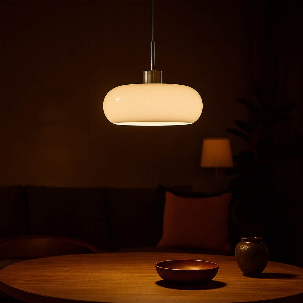 Dimbare glazen hanglamp in broodvorm – moderne verlichting in oranje en wit voor woonkamer, eetkamer en kantoor