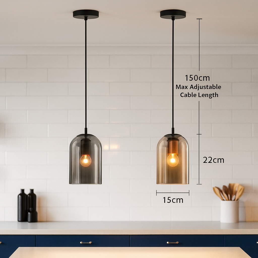 Mid-Century hanglamp van gekleurd glas met afwerkingen in ijzer – elegante verlichting voor woonkamer, keuken, kantoor en slaapkamer