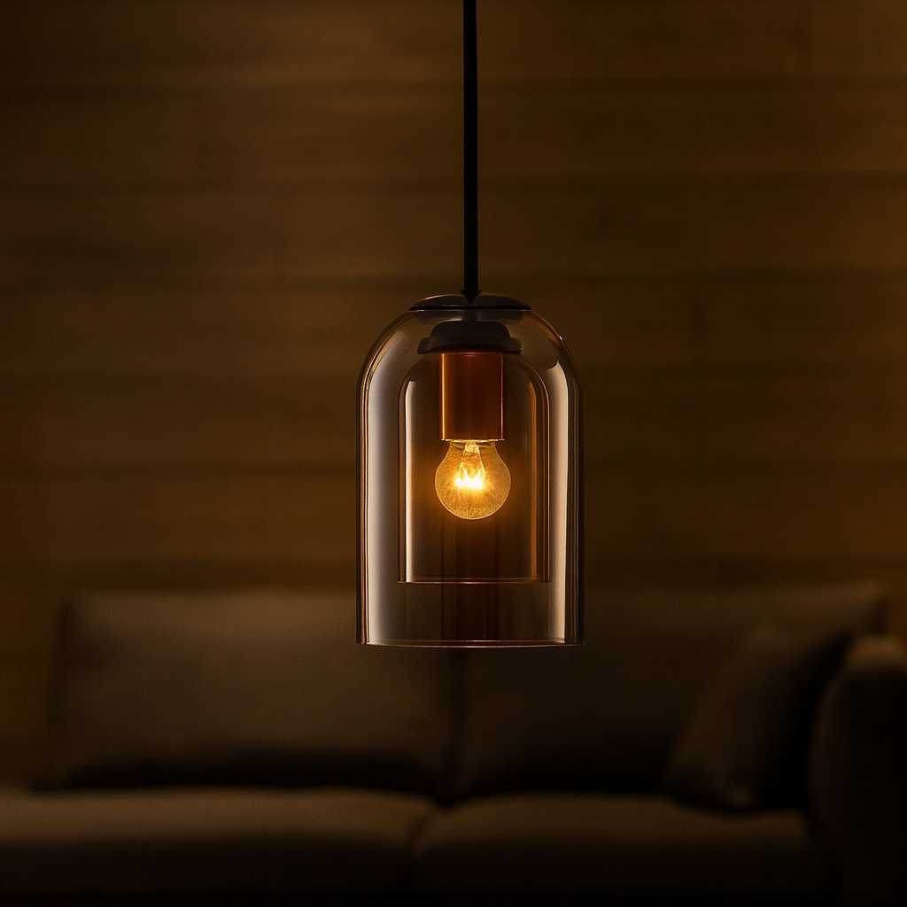 Mid-Century hanglamp van gekleurd glas met afwerkingen in ijzer – elegante verlichting voor woonkamer, keuken, kantoor en slaapkamer