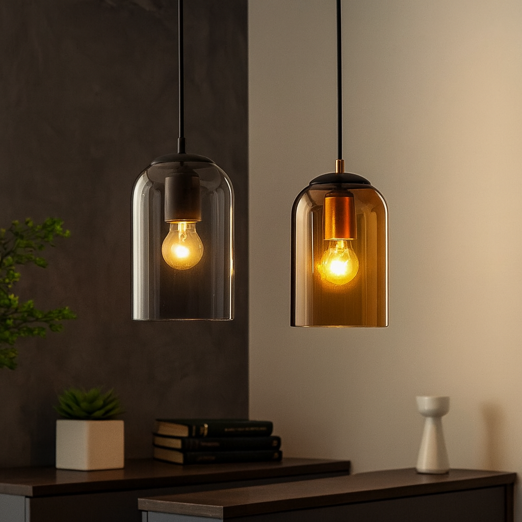 Mid-Century hanglamp van gekleurd glas met afwerkingen in ijzer – elegante verlichting voor woonkamer, keuken, kantoor en slaapkamer